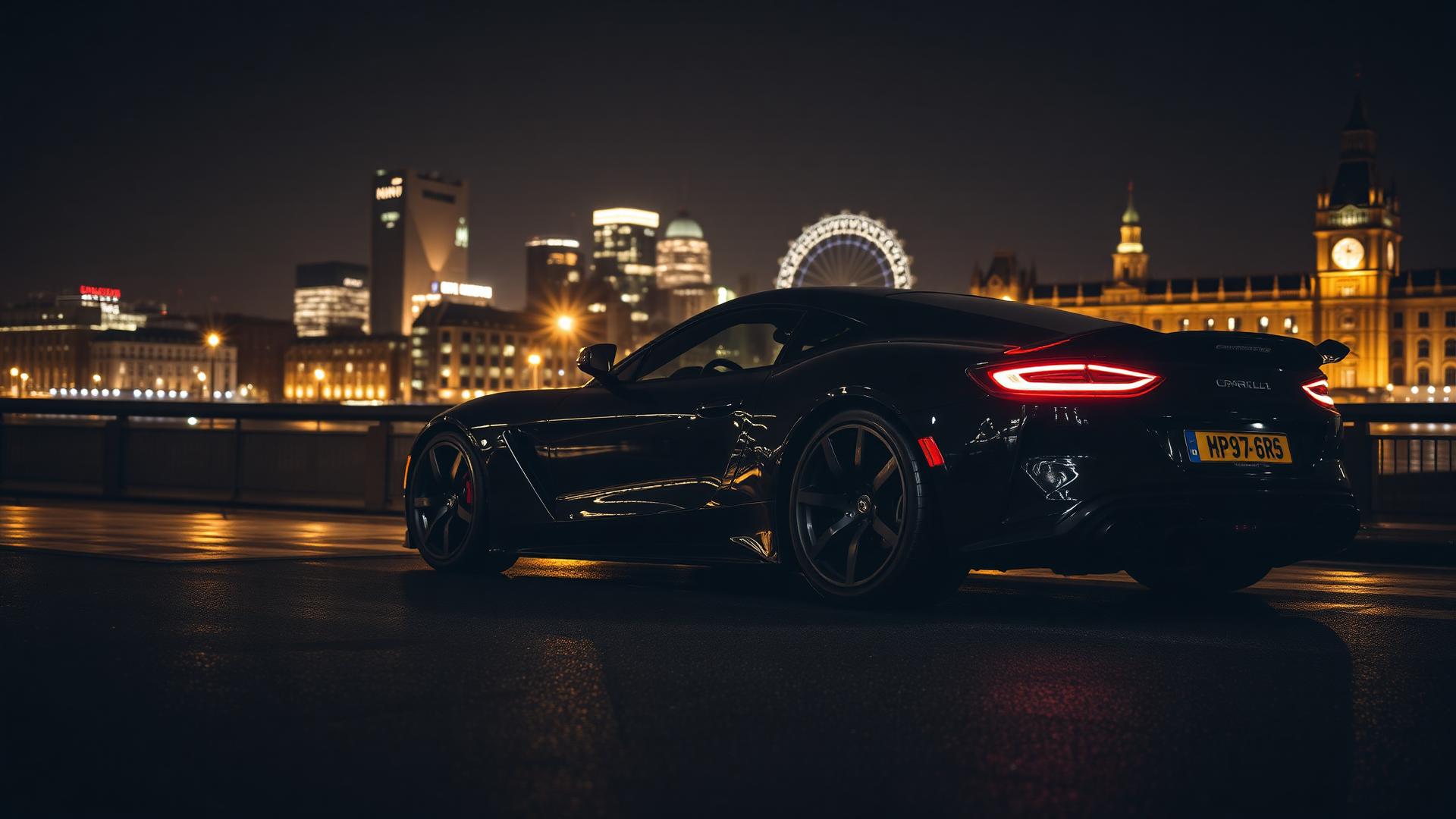 Luxury vehicle at night in front of the London skyline